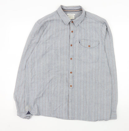 White Stuff Men's Blue Classic Fit Striped Cotton Long Sleeve Shirt L