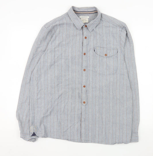 White Stuff Men's Blue Classic Fit Striped Cotton Long Sleeve Shirt L