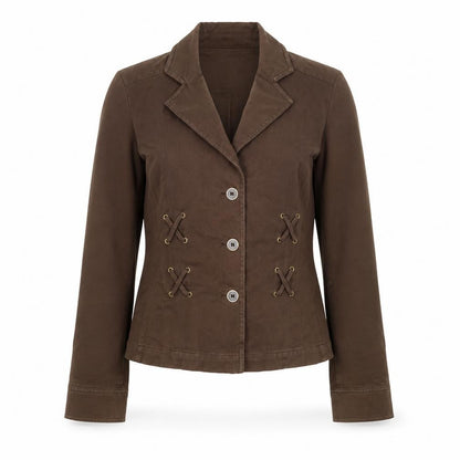 Viyella Women Brown Cotton Suit Jacket UK 10 Classic Double-Breasted Style
