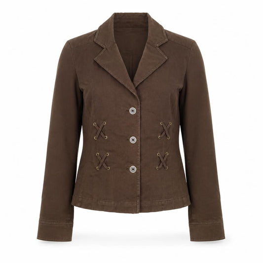 Viyella Women Brown Cotton Suit Jacket UK 10 Classic Double-Breasted Style