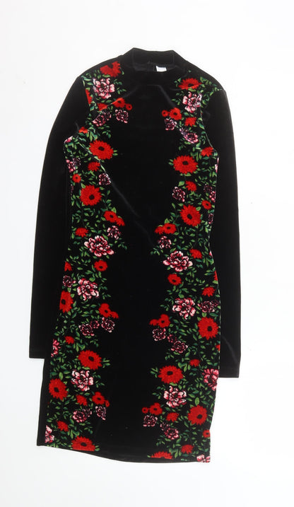 H&M Women Black Floral Velvet Bodycon Dress Size 10 Long Sleeve