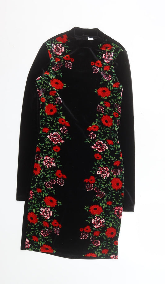 H&M Women Black Floral Velvet Bodycon Dress Size 10 Long Sleeve