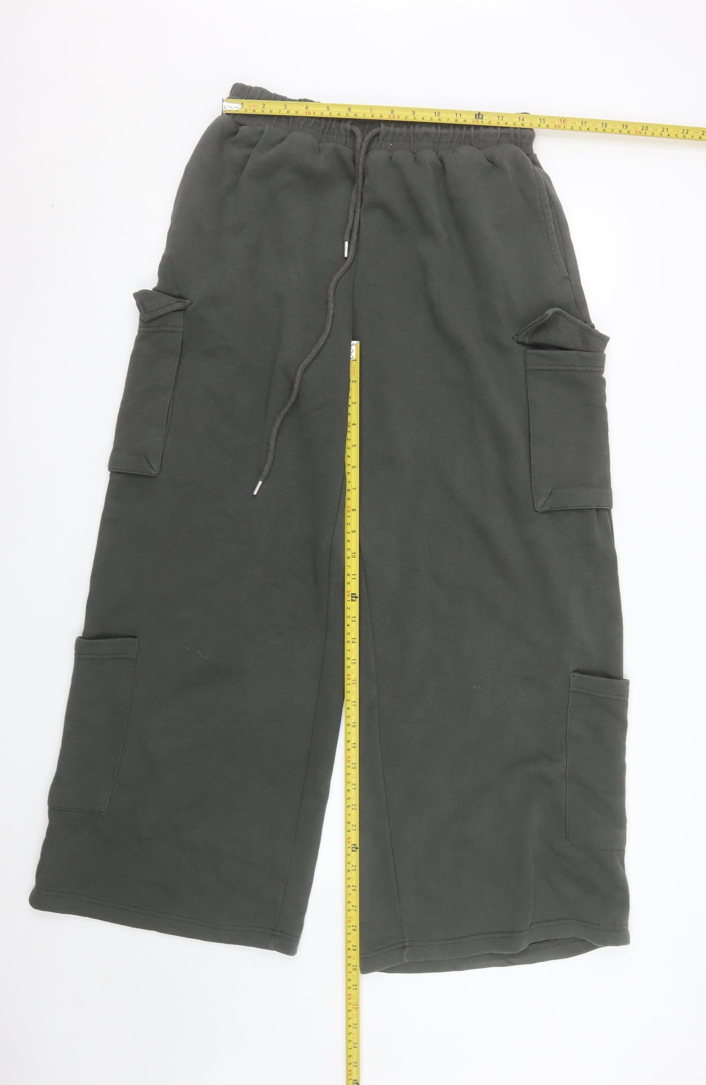 Zara Womens Green Cargo Wide-Leg Trousers L Fleece Elastic Waist