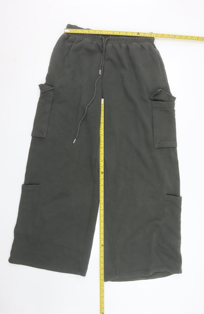 Zara Womens Green Cargo Wide-Leg Trousers L Fleece Elastic Waist
