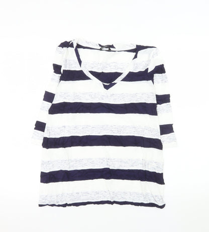 Marks and Spencer Women Blue Striped V-Neck T-Shirt UK 14