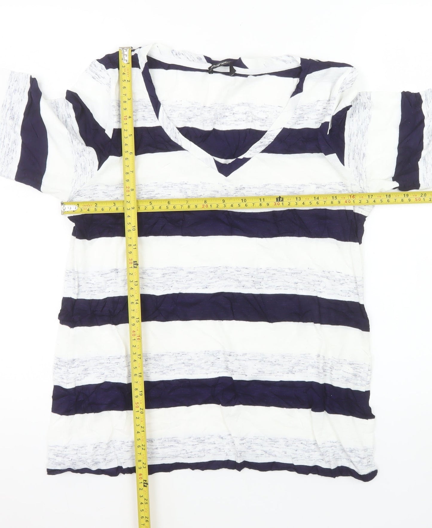 Marks and Spencer Women Blue Striped V-Neck T-Shirt UK 14