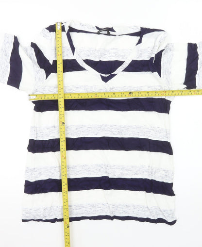 Marks and Spencer Women Blue Striped V-Neck T-Shirt UK 14