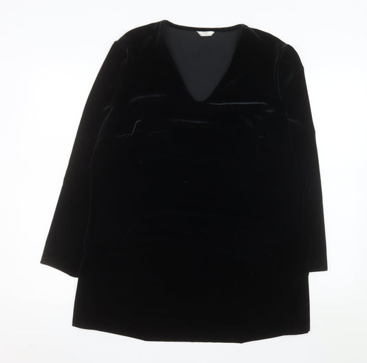 Marks and Spencer Women Black Velvet Shift Dress Size 16 V-Neck Classic