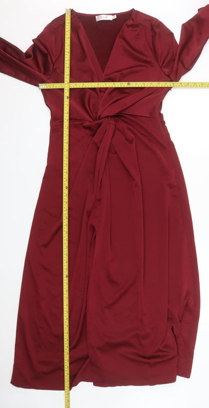 Angeleye Women Red Midi Wrap Dress Size 16 Long Sleeve V-Neck