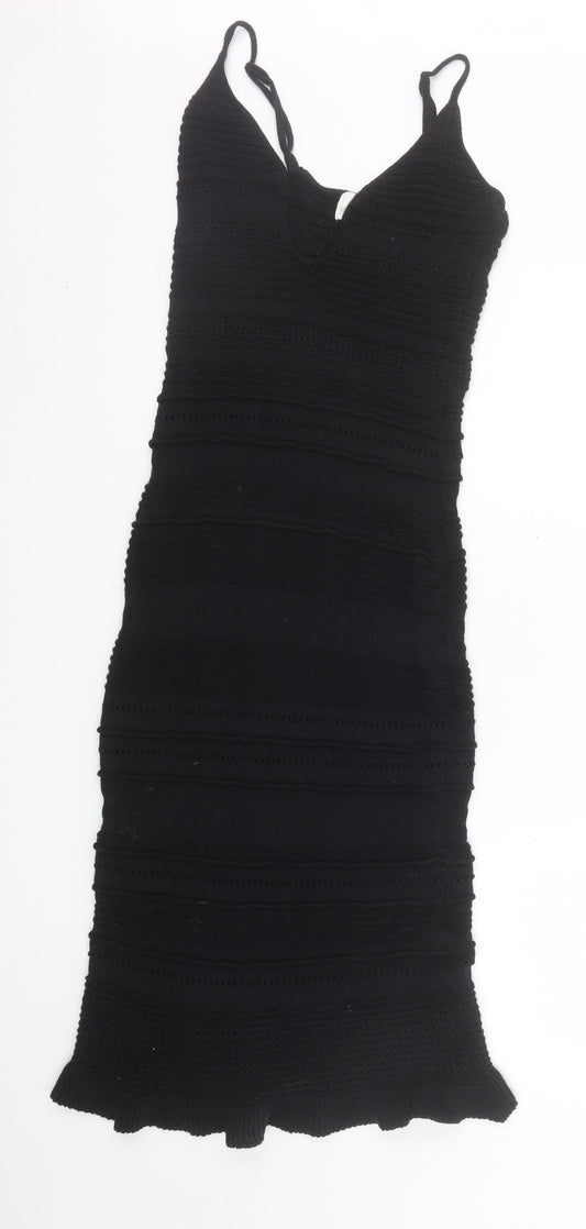 H&M Women Black Knit Bodycon Dress Size S V-Neck Sleeveless Stretch