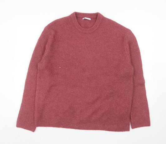 Zara Women Pink Alpaca Wool Blend Rib Knit Pullover Jumper L