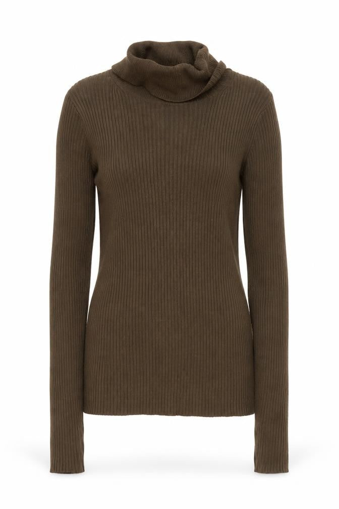 Front view of Collusion Women’s Brown Roll Neck Ribbed Knit Jumper, size UK 8
