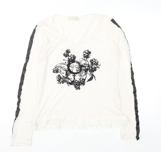 Cream Womens Ivory Floral Lace Hem Long Sleeve T-Shirt Size M