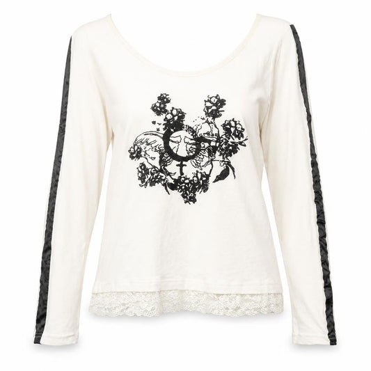Front view of Cream women’s ivory floral lace hem long sleeve t-shirt, size M