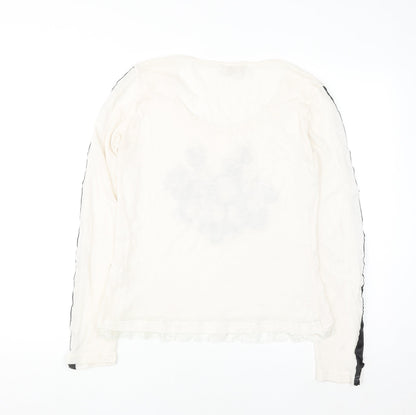 Cream Womens Ivory Floral Lace Hem Long Sleeve T-Shirt Size M