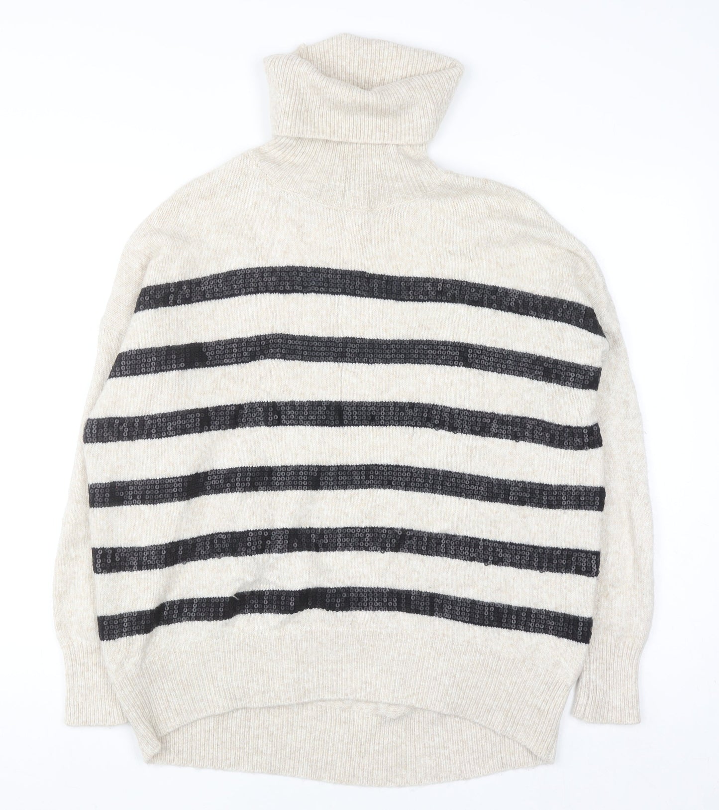 Mint Velvet Women’s Beige Striped Roll Neck Wool Blend Jumper Size S