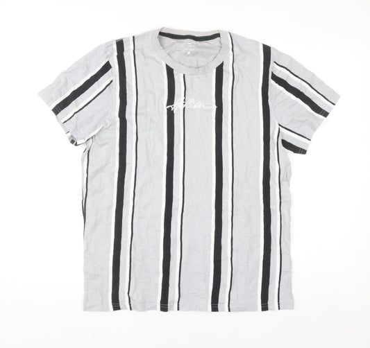 Hollister Men's Grey Striped Cotton Crew Neck T-Shirt Size L