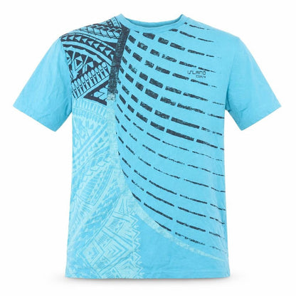 Front view of Atlas For Men Blue Tribal Graphic Cotton T-Shirt, size M