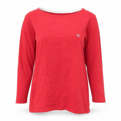 Front view of Crew Clothing women’s red 100% cotton long sleeve t-shirt, size UK 12