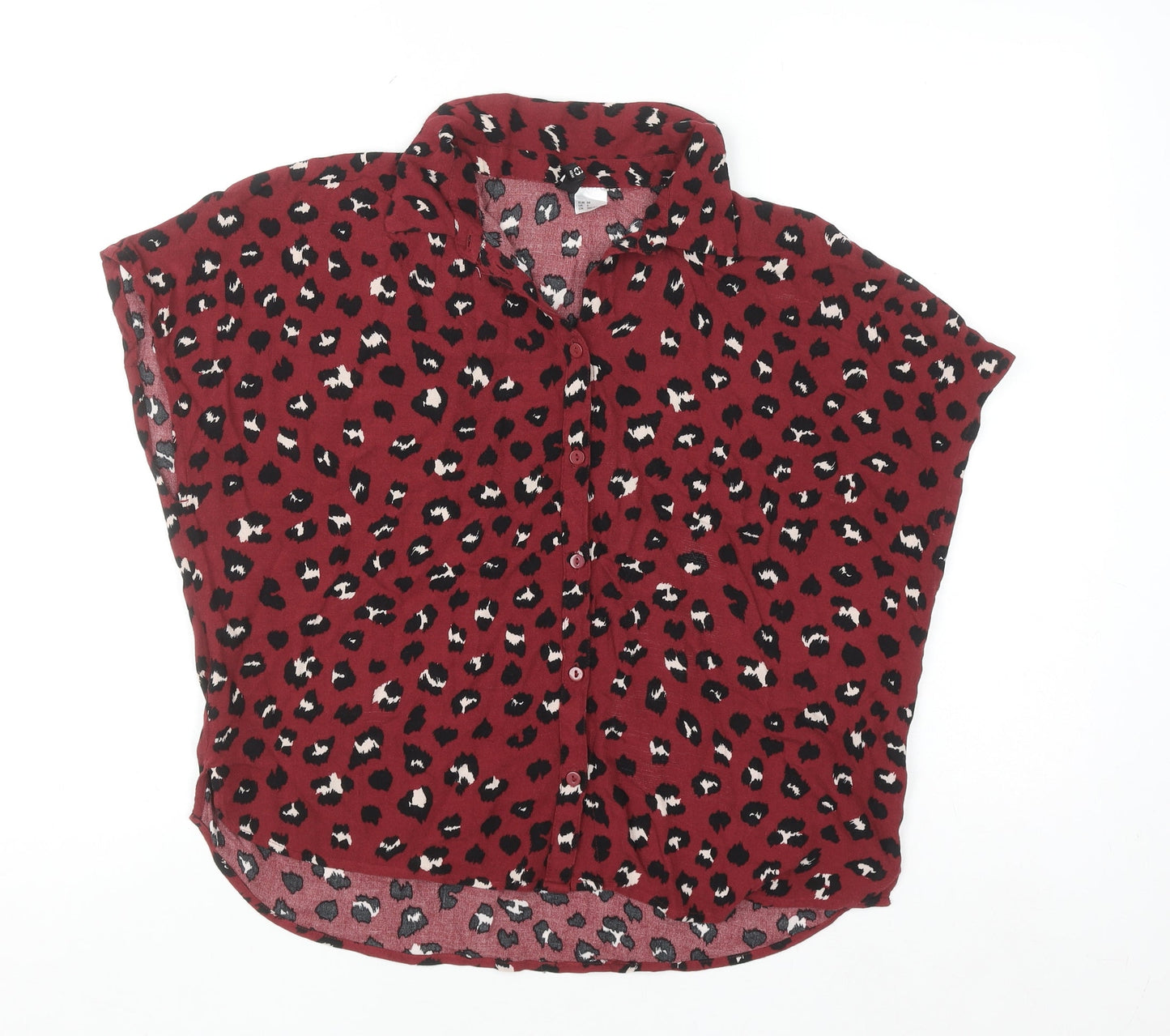H&M Women Red Leopard Print Blouse UK 6 Short Sleeve Viscose