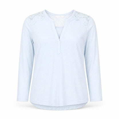 Front view of H&M Women Blue Lace Shoulder Long Sleeve V-Neck Blouse XS