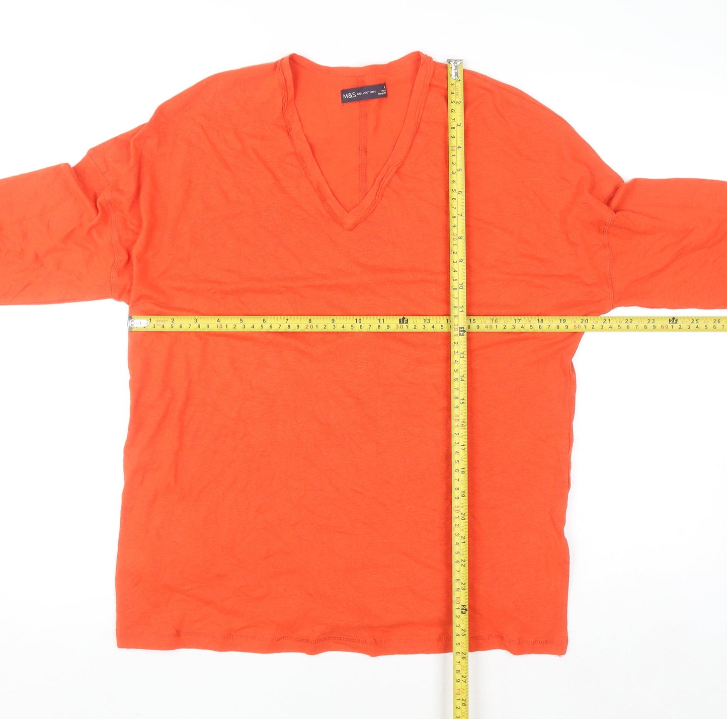 Marks and Spencer Women's Orange Linen Blend V-Neck Long Sleeve Top Size 10