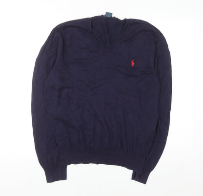 Ralph Lauren Men's Blue V-Neck Slim Fit Cotton Jumper M