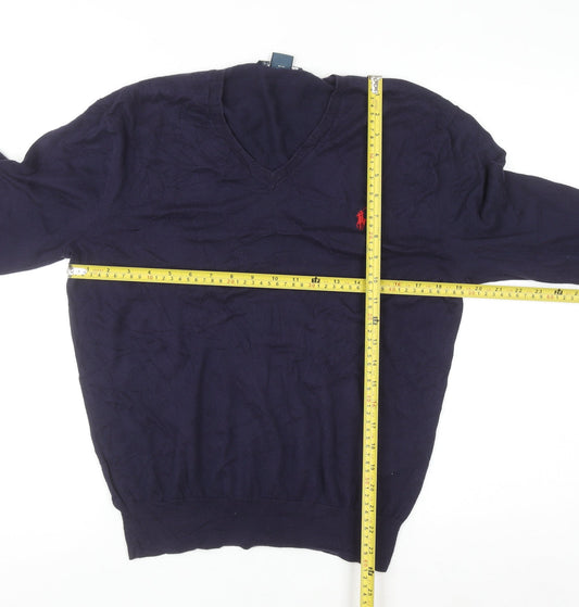 Ralph Lauren Men's Blue V-Neck Slim Fit Cotton Jumper M