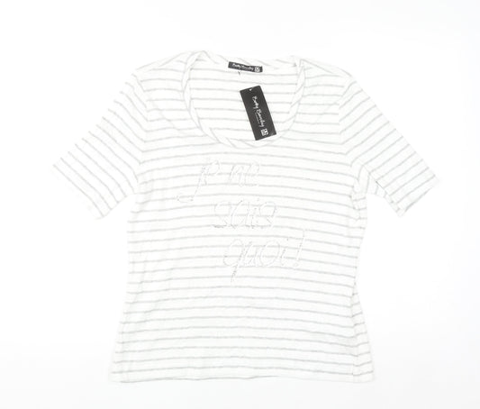 Betty Barclay Women’s Grey Striped Beaded Cotton T-Shirt Size 16
