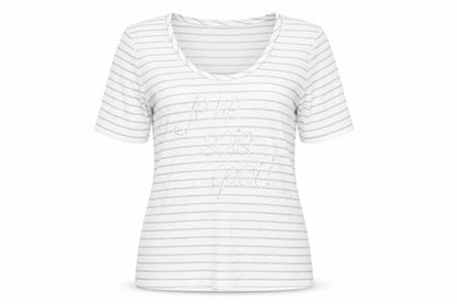 Betty Barclay Women’s Grey Striped Beaded Cotton T-Shirt Size 16