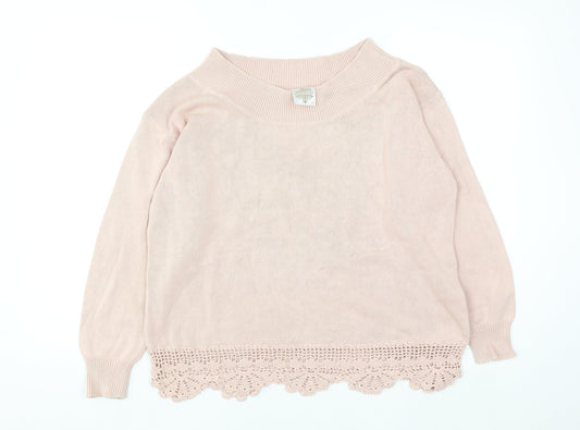 River Island Women's Pink Cotton Crochet Hem Jumper Size 10