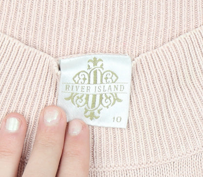 River Island Women's Pink Cotton Crochet Hem Jumper Size 10
