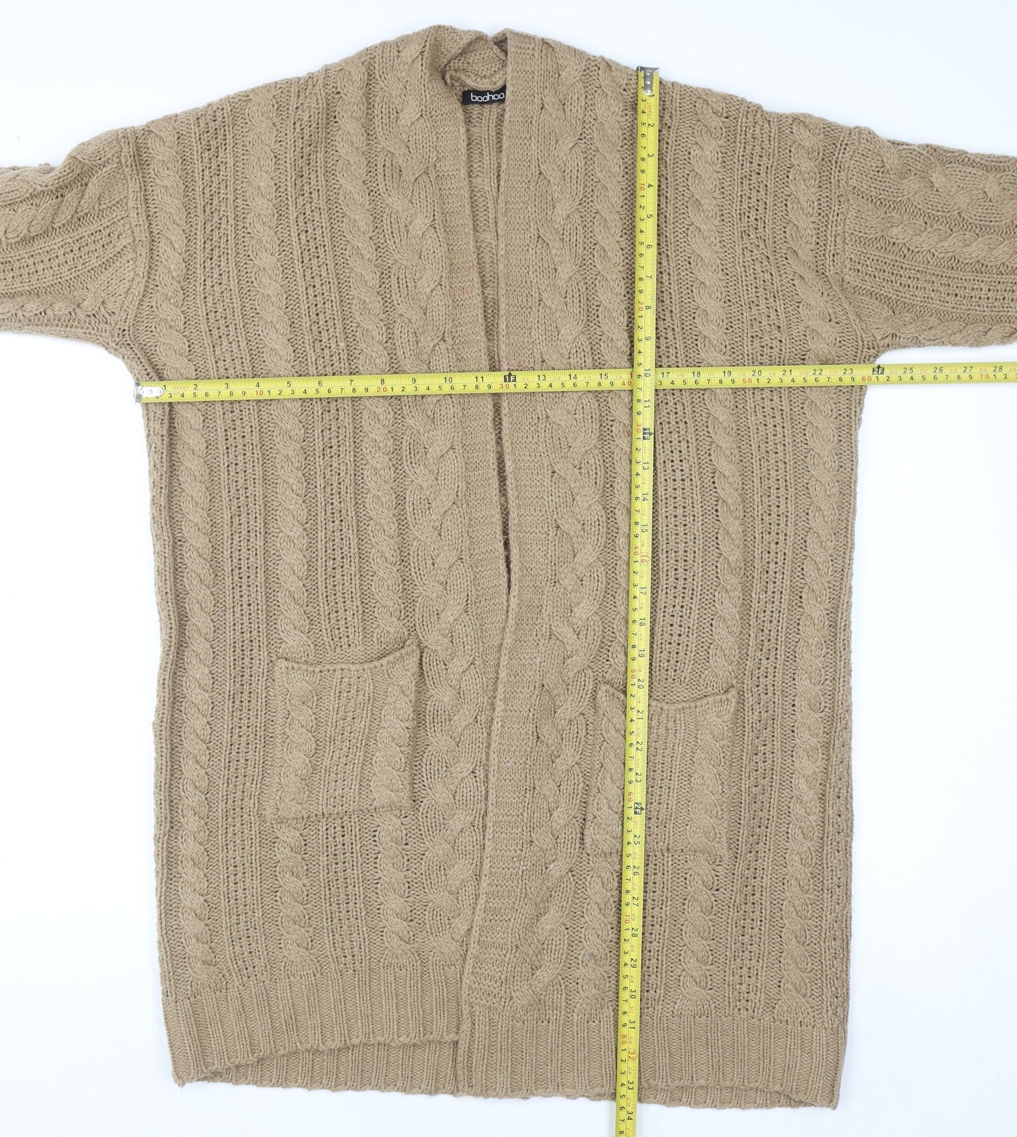 Boohoo Women Beige Cable-Knit Cardigan S/M Long Sleeve Open Front