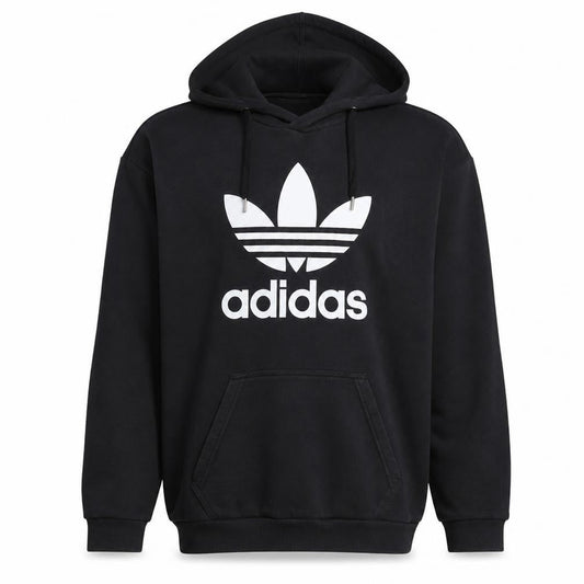 Front view of Adidas Men's Black Trefoil Pullover Hoodie, size S