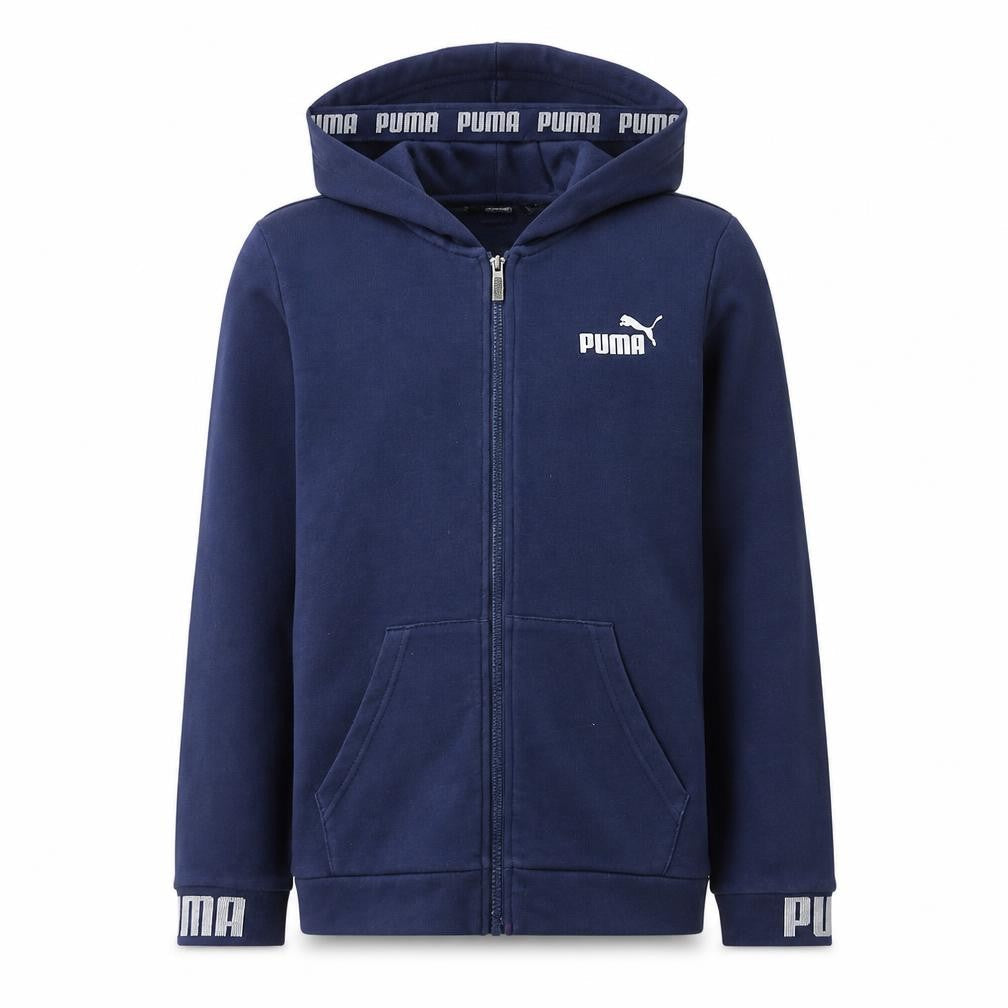 Front view of Puma boys’ navy blue full zip hoodie xl 13-14 years hooded sweatshirt