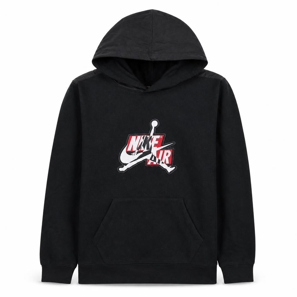 Front view of Jordan Nike Air boys’ black pullover hoodie, size 12-13, years cotton blend