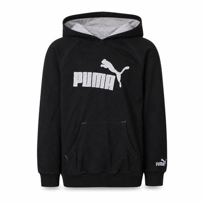 Front view of Puma boys’ black pullover hoodie l logo print cotton blend sweatshirt