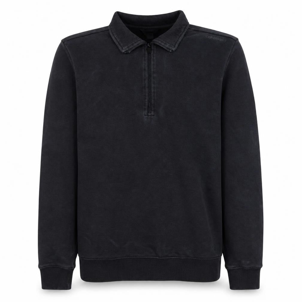 Front view of Calvin Klein Men's Black Small 1/4 Zip Collared Fleece Sweatshirt