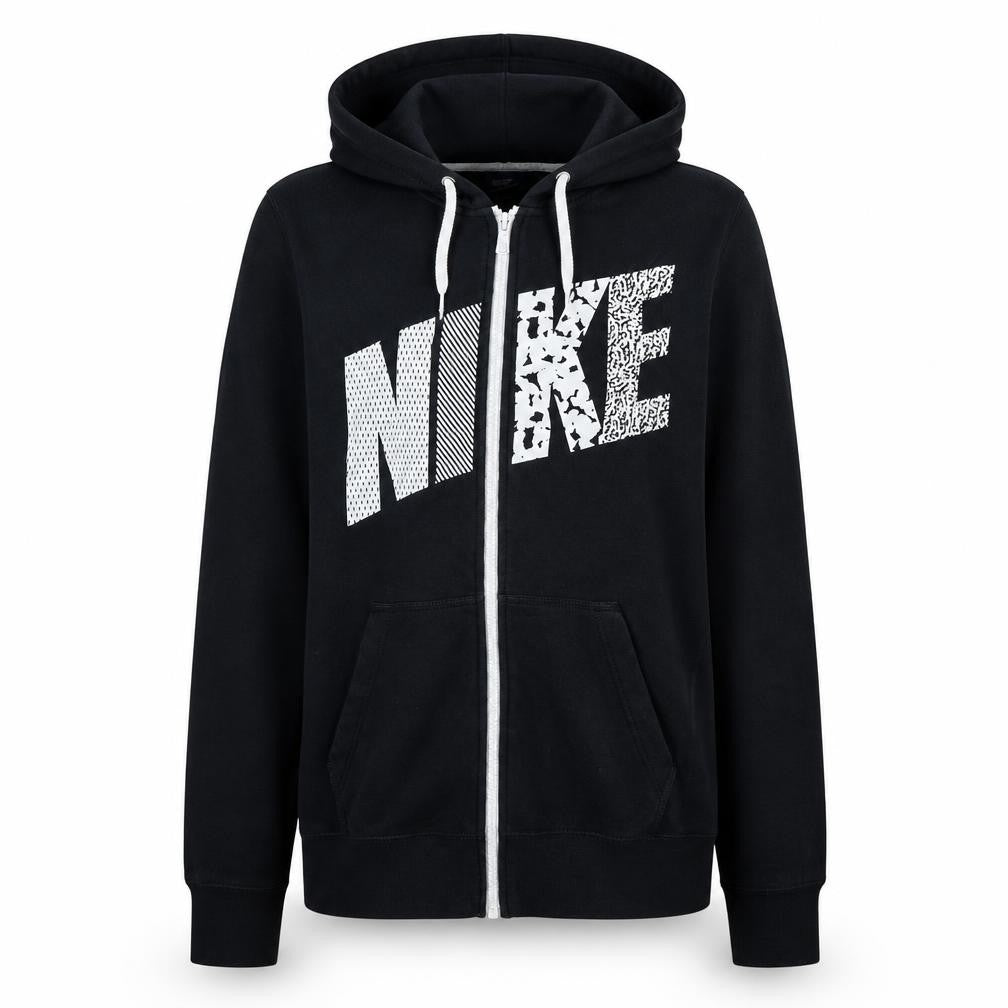 Front view of Nike women’s black full zip hoodie xl cotton blend graphic print
