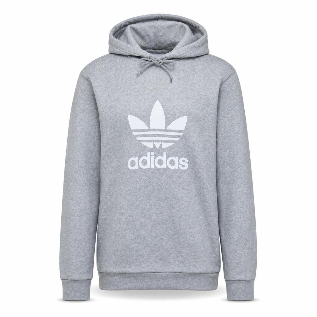 Front view of Adidas Men's Grey Pullover Hoodie Small Logo Sports Fleece Sweatshirt