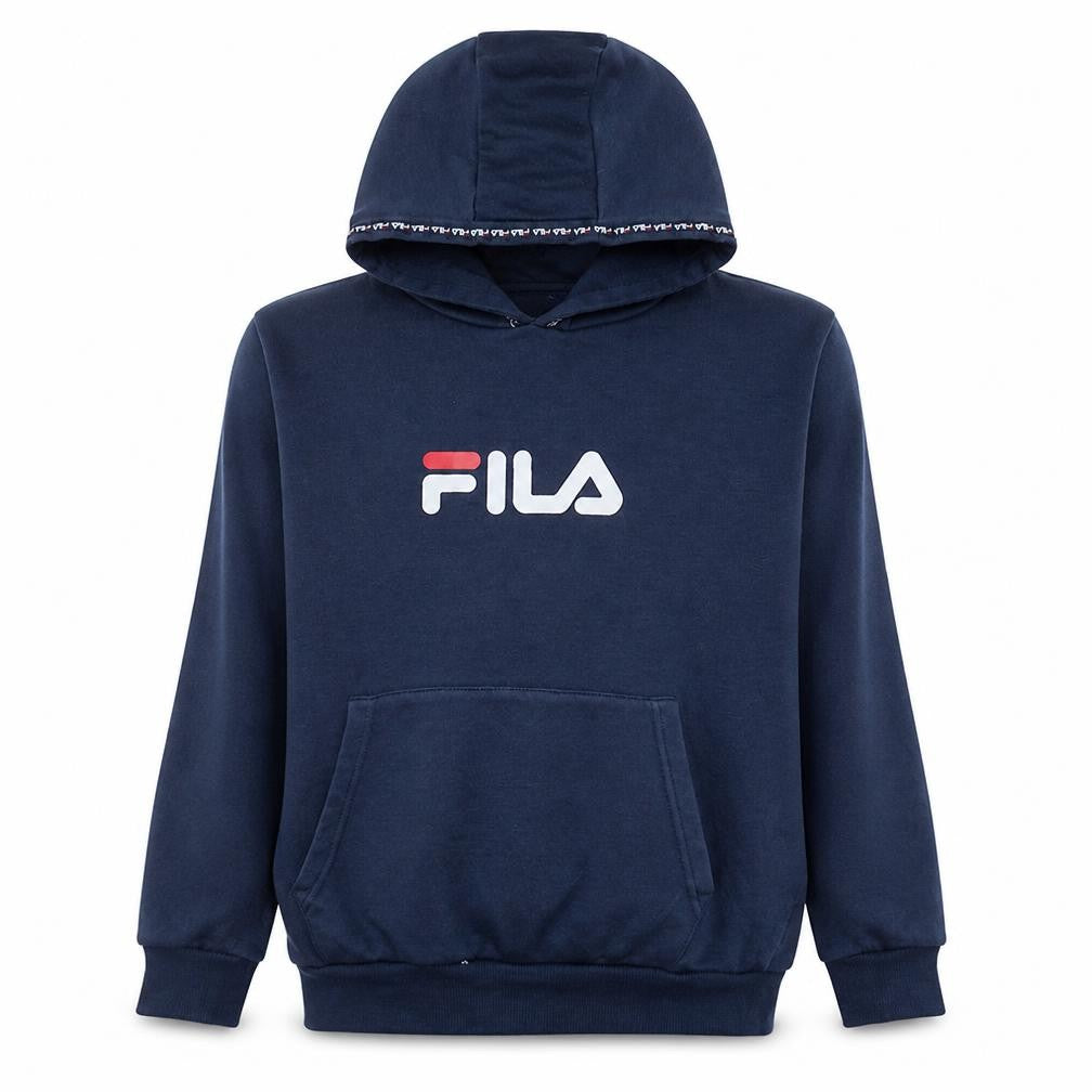 Front view of Fila boys’ navy blue pullover hoodie 13-15 years logo cotton blend