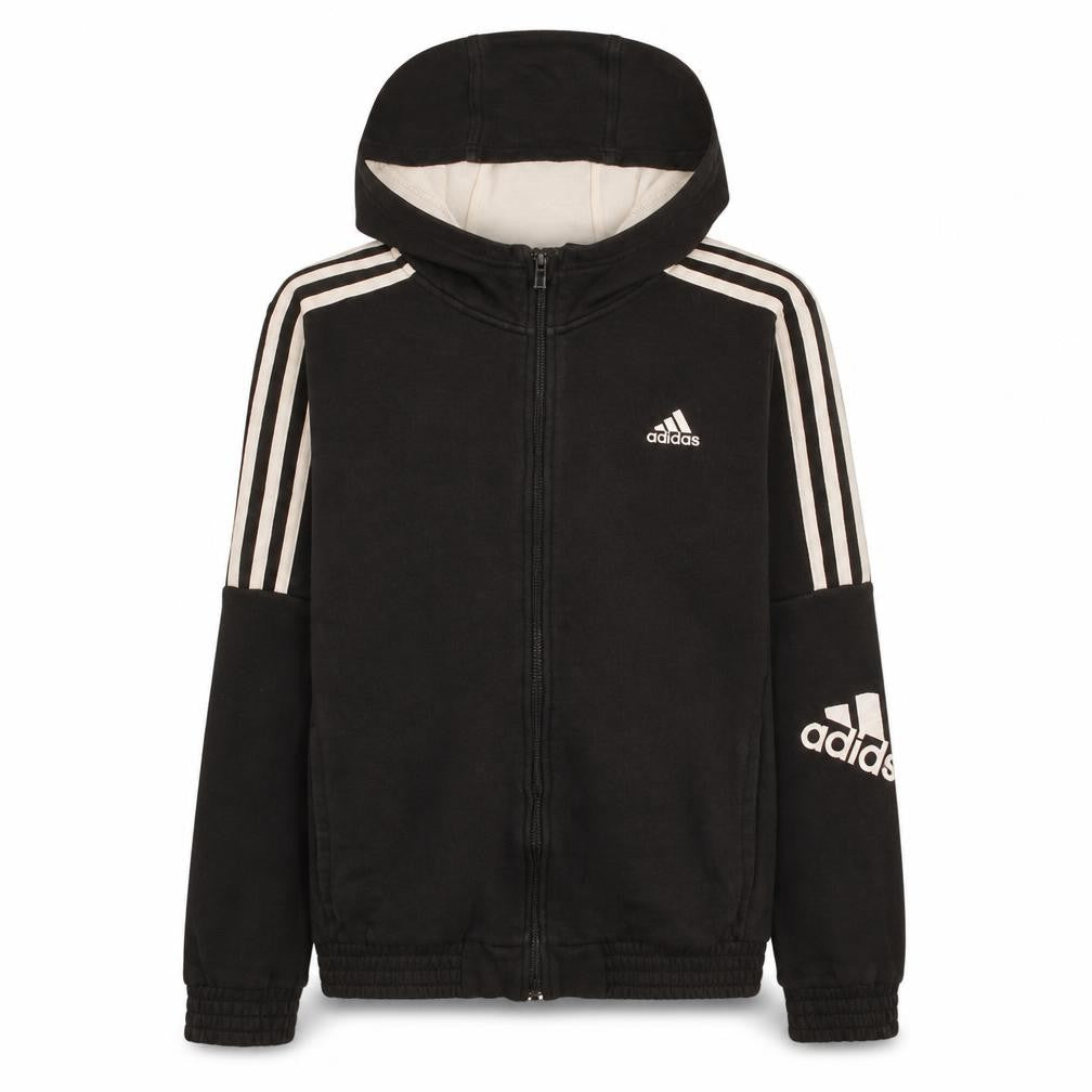 Front view of Adidas boys’ black full zip hoodie 13-14 years classic 3-stripes design