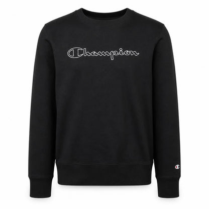 Front view of Champion Men's Black Logo Crew Neck Sweatshirt, size M, Regular Fit