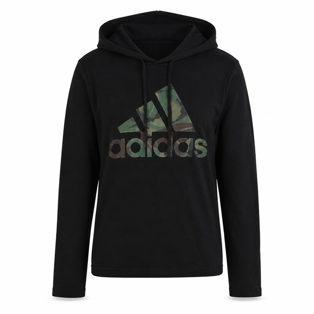 Front view of Adidas women’s black camo logo pullover hoodie xs