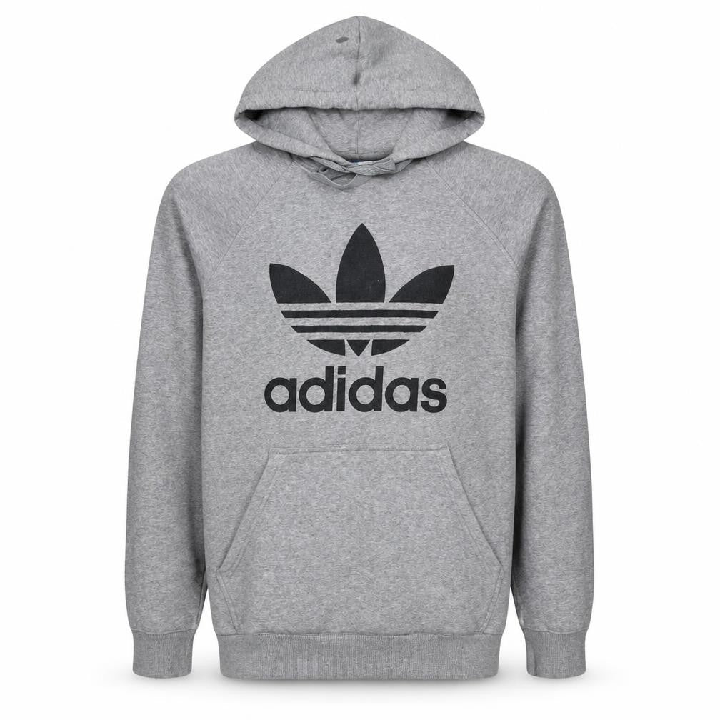 Front view of Adidas men’s grey pullover hoodie l graphic logo sportswear