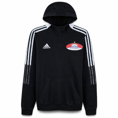 Front view of Adidas Men's Black XS Pullover Hoodie with Logo & Stripes