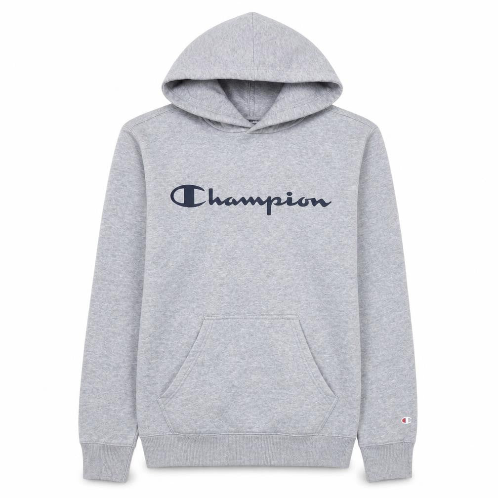 Front view of Champion Men's Grey Pullover Hoodie Small Logo Sports Fleece