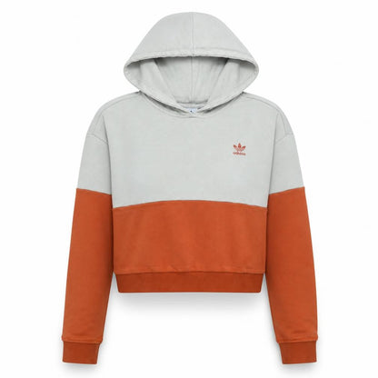 Front view of Adidas women’s beige orange colourblock hooded pullover hoodie, size UK 8