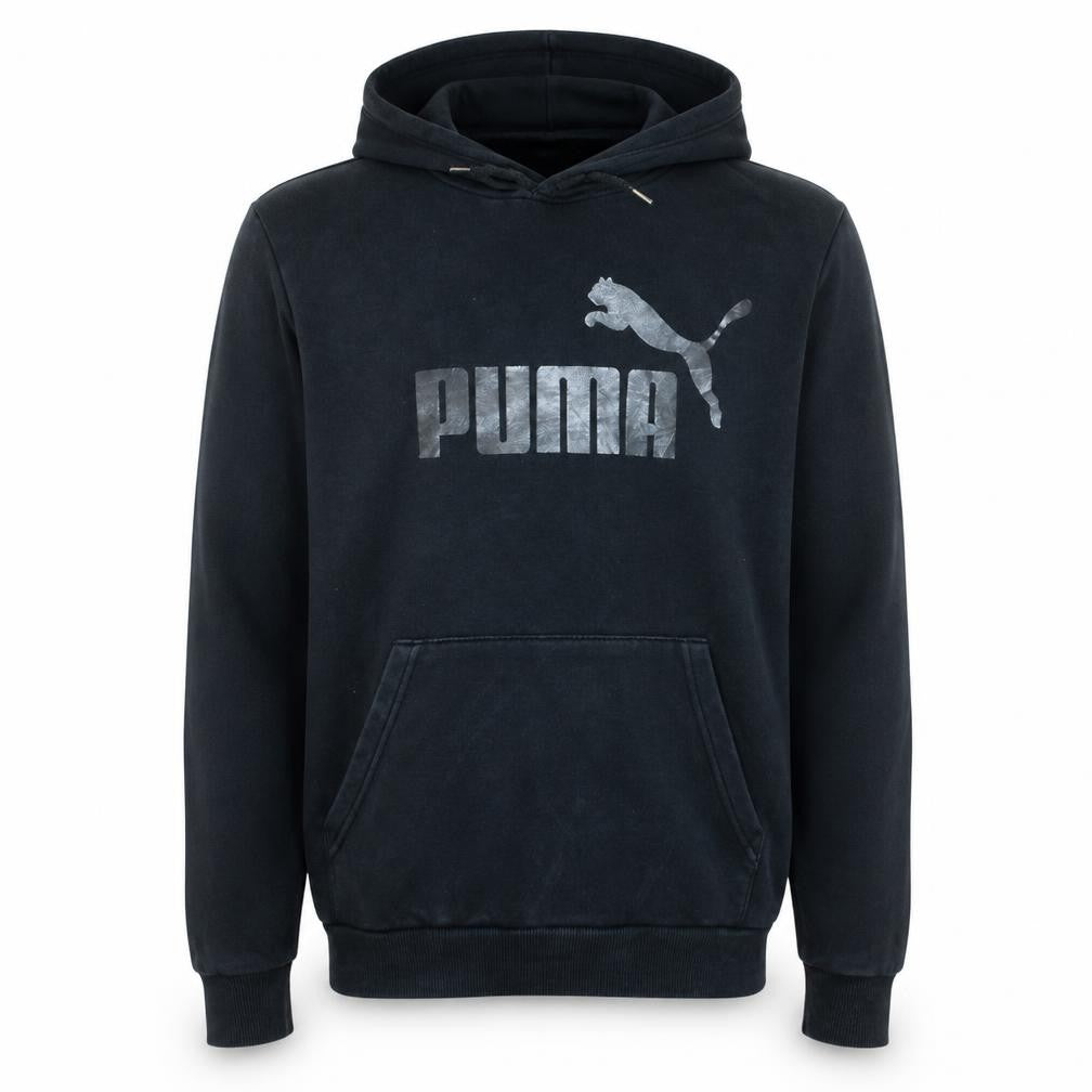 Front view of Puma men’s black pullover hoodie small regular fit fleece sweatshirt