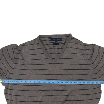 Tommy Hilfiger Men's Grey Striped V-Neck Cotton Cashmere Jumper XL